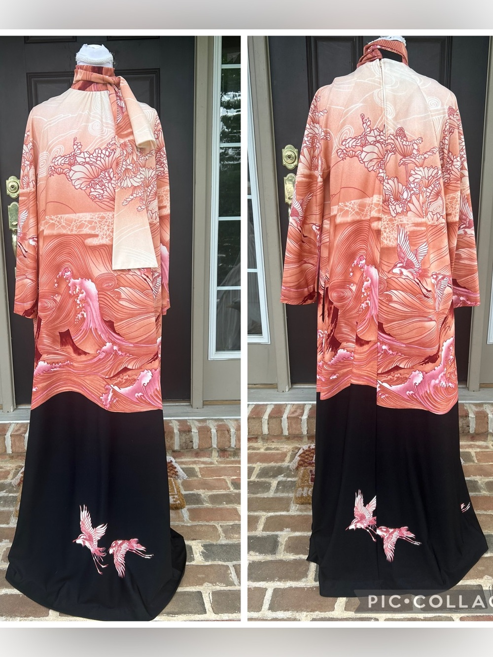 Vintage 70s Christian Dior Wave Crane Bird Scarf Tie Caftan Maxi Dress L